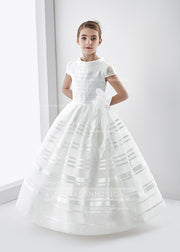 Short Sleeve Ball Gown Organza Long First Communion Dress With Beading