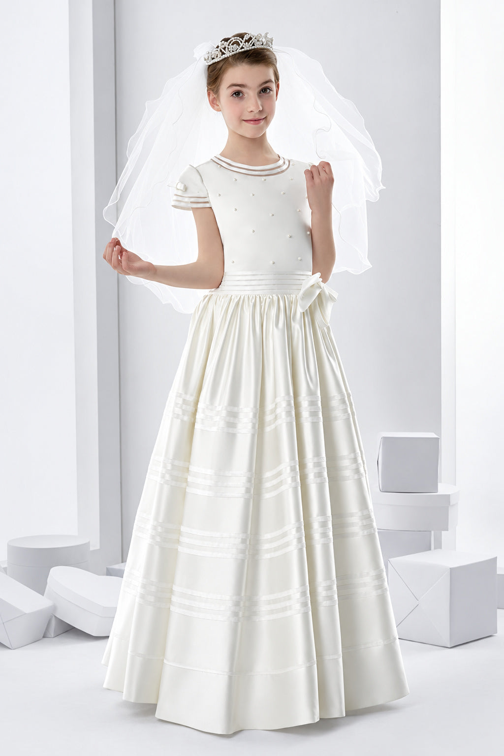 Short Sleeve Beaded Bodice A-Line Satin First Communion Dress With Bow