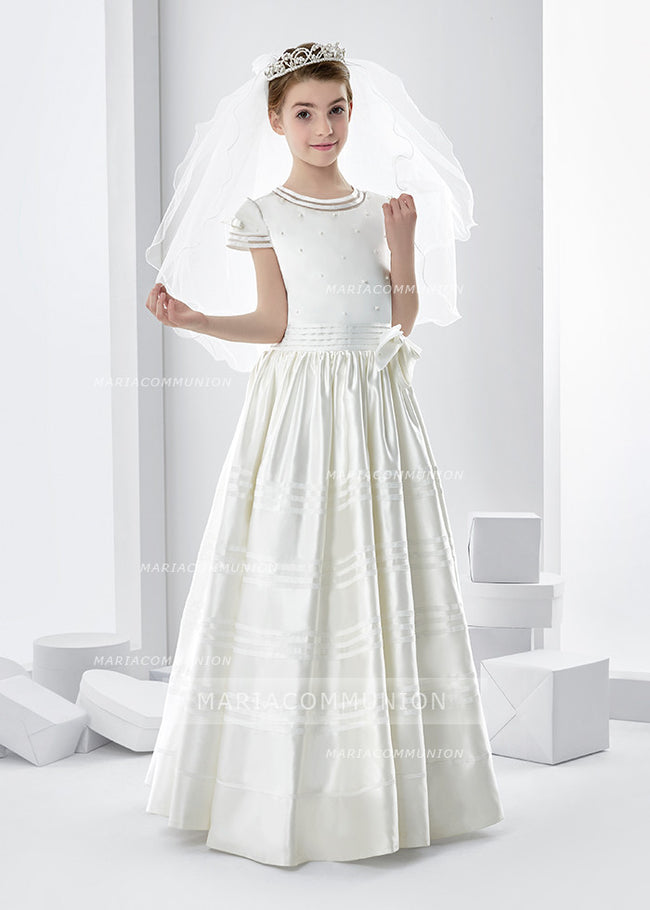 Short Sleeve Beaded Bodice A-Line Satin First Communion Dress With Bow