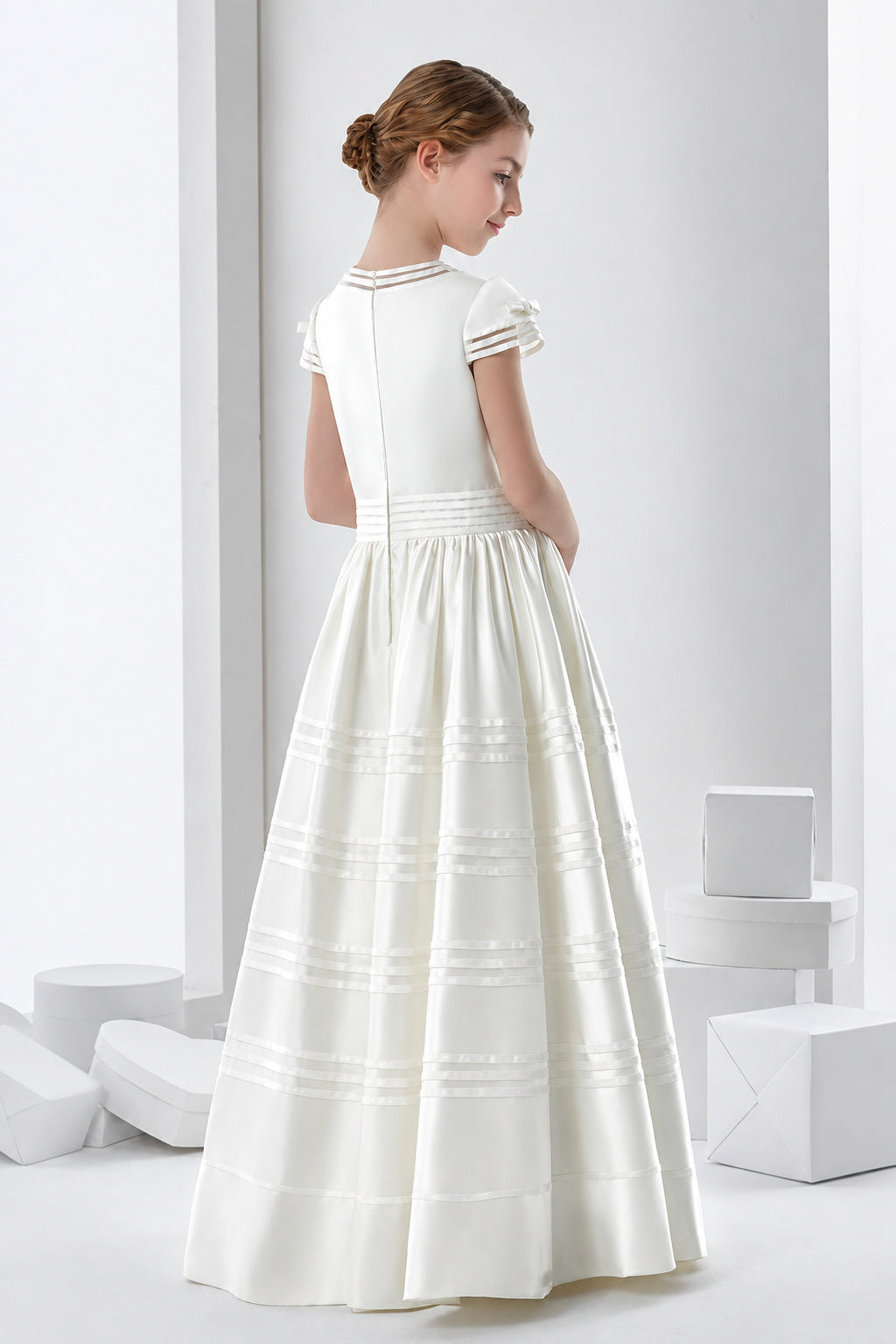 Short Sleeve Beaded Bodice A-Line Satin First Communion Dress With Bow