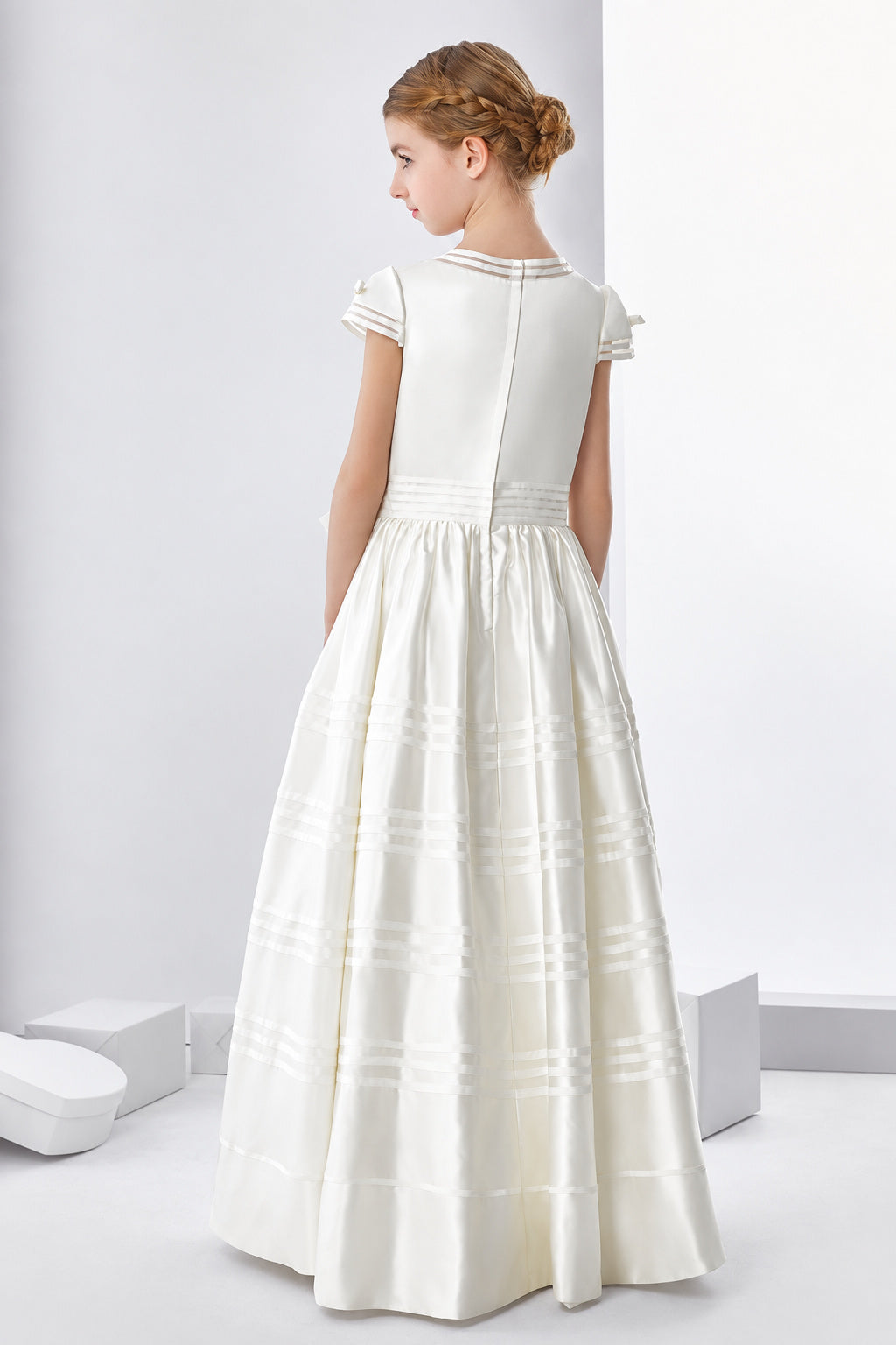 Short Sleeve Beaded Bodice A-Line Satin First Communion Dress With Bow