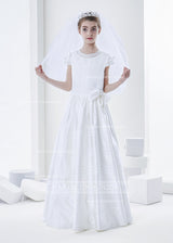 Short Sleeve Beaded Bodice A-Line Satin First Communion Dress With Bow