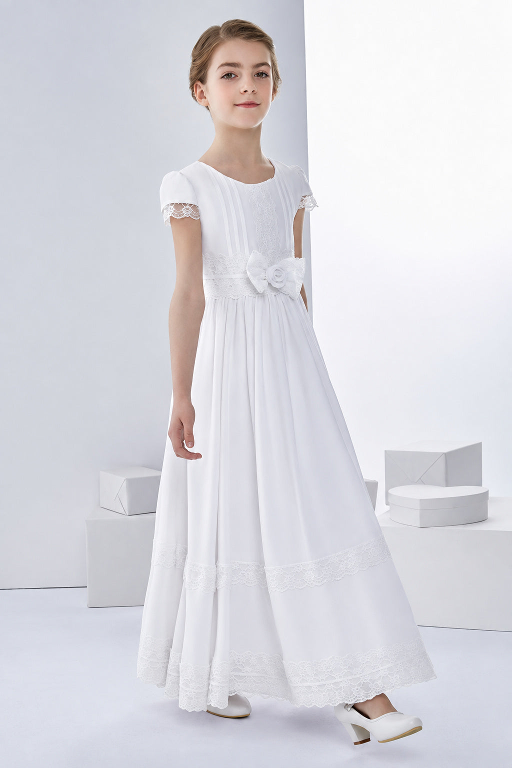 Short Sleeve Jewel Neck Lace Pattern Long Chiffon First Communion Dress With Bow
