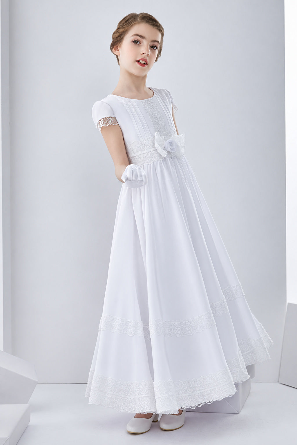 Short Sleeve Jewel Neck Lace Pattern Long Chiffon First Communion Dress With Bow
