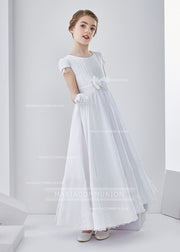 Short Sleeve Jewel Neck Lace Pattern Long Chiffon First Communion Dress With Bow