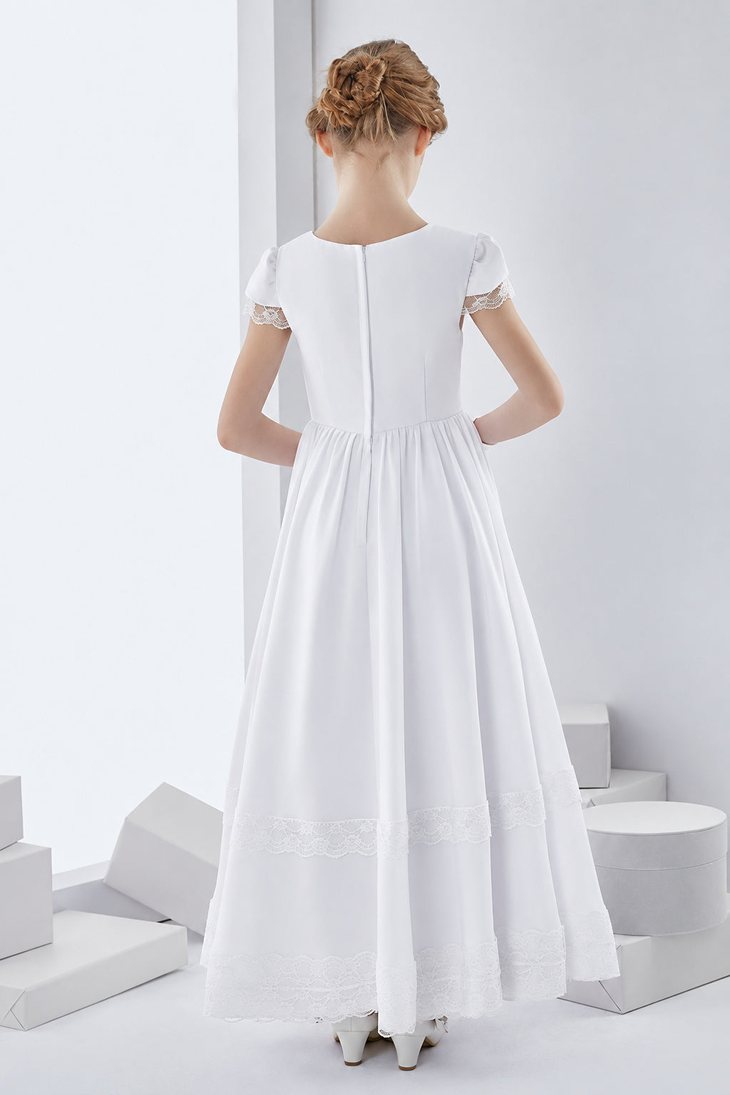 Short Sleeve Jewel Neck Lace Pattern Long Chiffon First Communion Dress With Bow