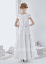 Short Sleeve Jewel Neck Lace Pattern Long Chiffon First Communion Dress With Bow