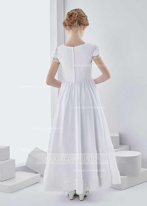 Short Sleeve Jewel Neck Lace Pattern Long Chiffon First Communion Dress With Bow