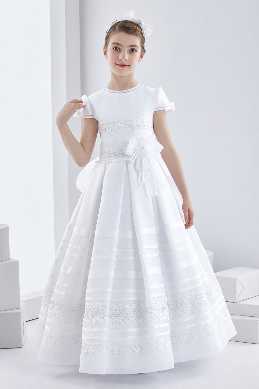 Short Sleeve Jewel Neck Long Lace Trimmed Organza First Communion Dress with Dramatic Bow
