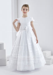 Short Sleeve Jewel Neck Long Lace Trimmed Organza First Communion Dress with Dramatic Bow