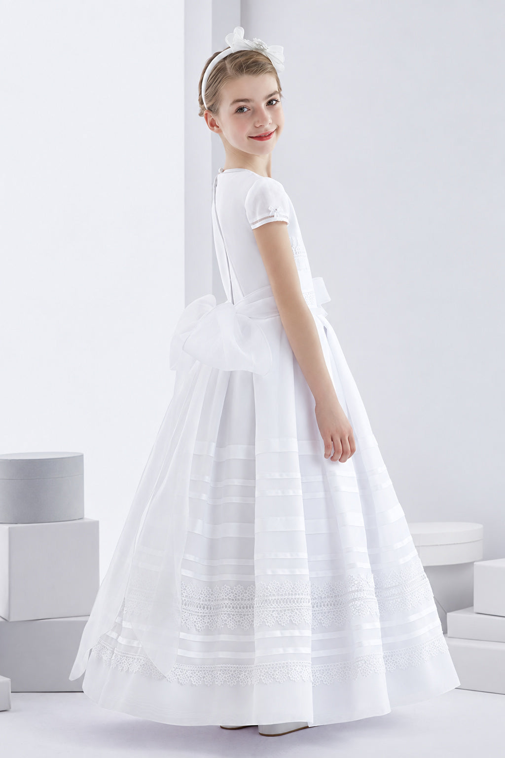Short Sleeve Jewel Neck Long Lace Trimmed Organza First Communion Dress with Dramatic Bow