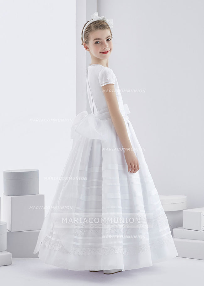 Short Sleeve Jewel Neck Long Lace Trimmed Organza First Communion Dress with Dramatic Bow
