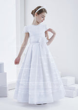 Short Sleeve Jewel Neck Long Lace Trimmed Organza First Communion Dress with Dramatic Bow