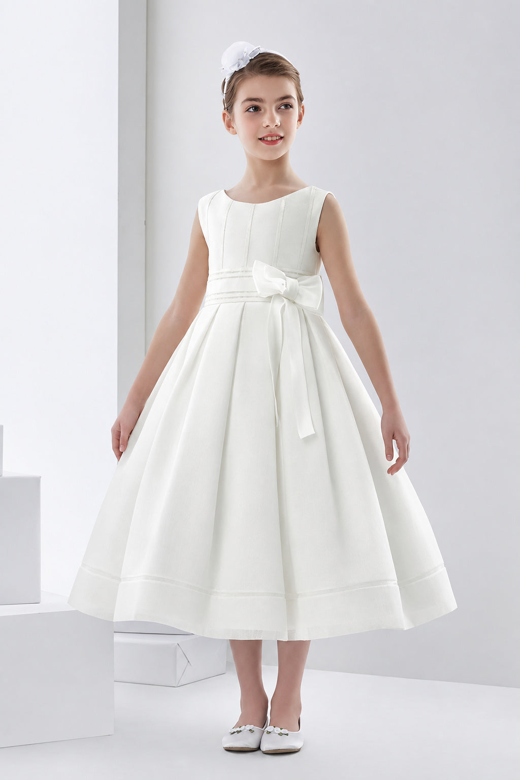 Simple Ball Gown Bateau Sleeveless Bow(S) Tea-Length Organza First Communion Dresses