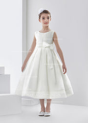 Simple Ball Gown Bateau Sleeveless Bow(S) Tea-Length Organza First Communion Dresses