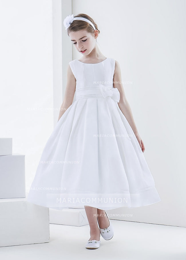 Simple Ball Gown Bateau Sleeveless Bow(S) Tea-Length Organza First Communion Dresses