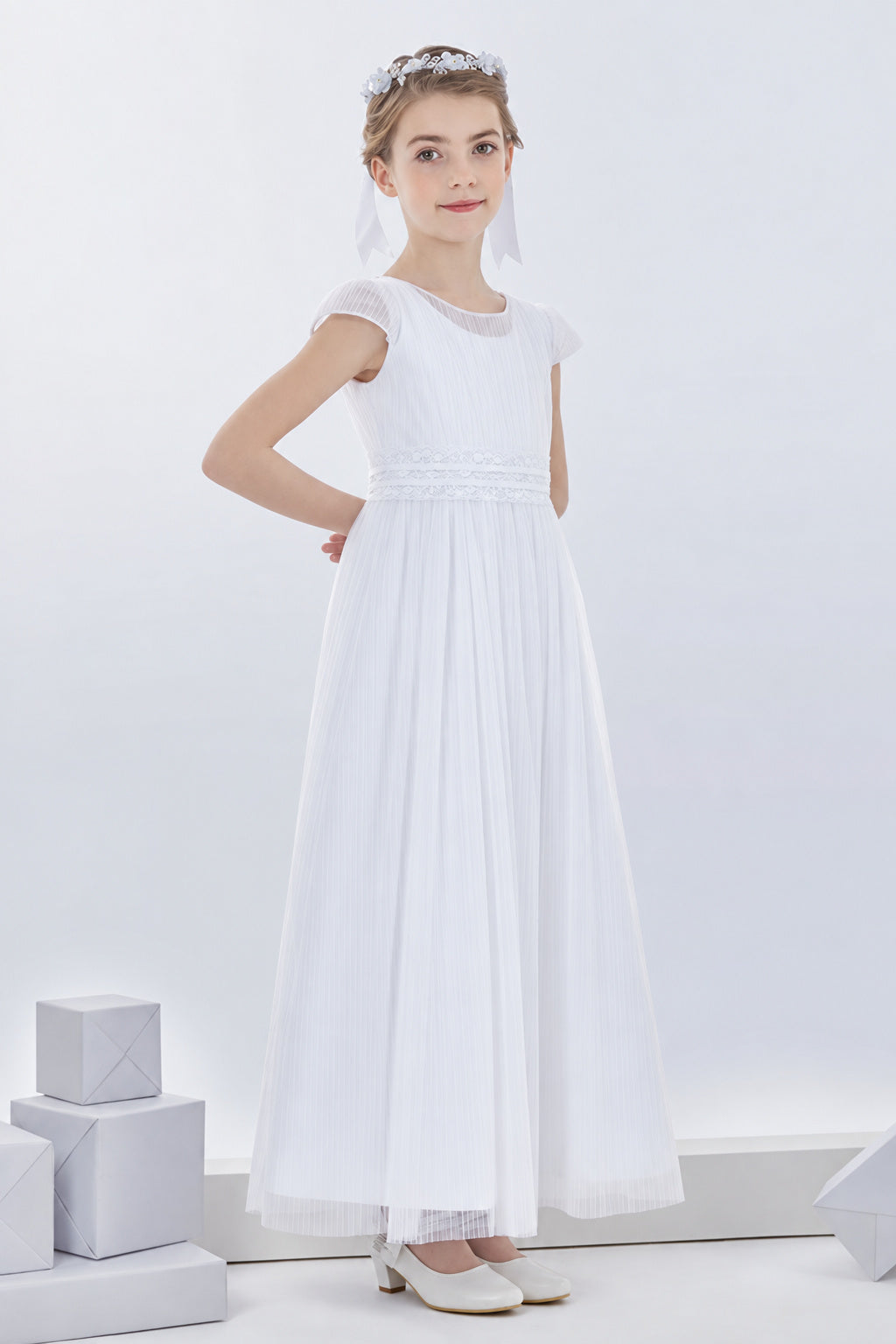 Simple Short Sleeve Pleated Long Tulle First Communion Dress