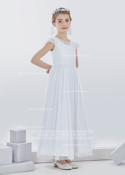 Simple Short Sleeve Pleated Long Tulle First Communion Dress