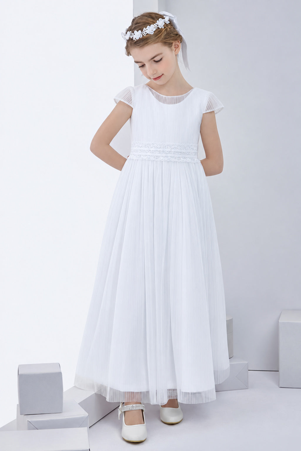 Simple Short Sleeve Pleated Long Tulle First Communion Dress