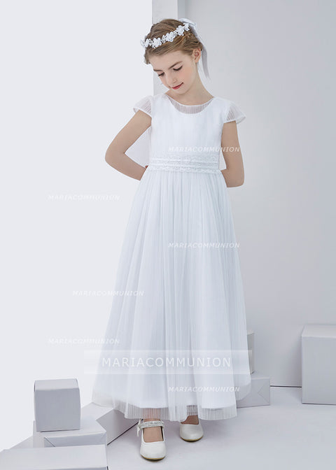 Simple Short Sleeve Pleated Long Tulle First Communion Dress