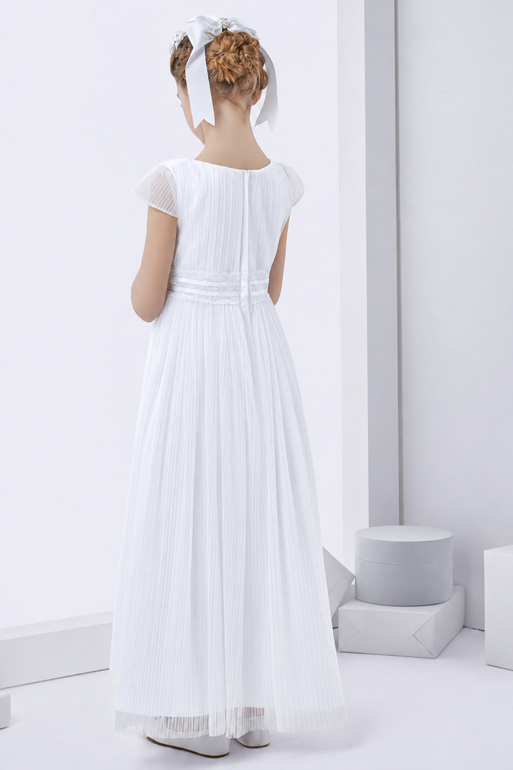Simple Short Sleeve Pleated Long Tulle First Communion Dress