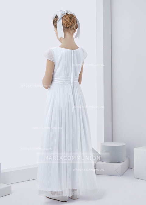 Simple Short Sleeve Pleated Long Tulle First Communion Dress