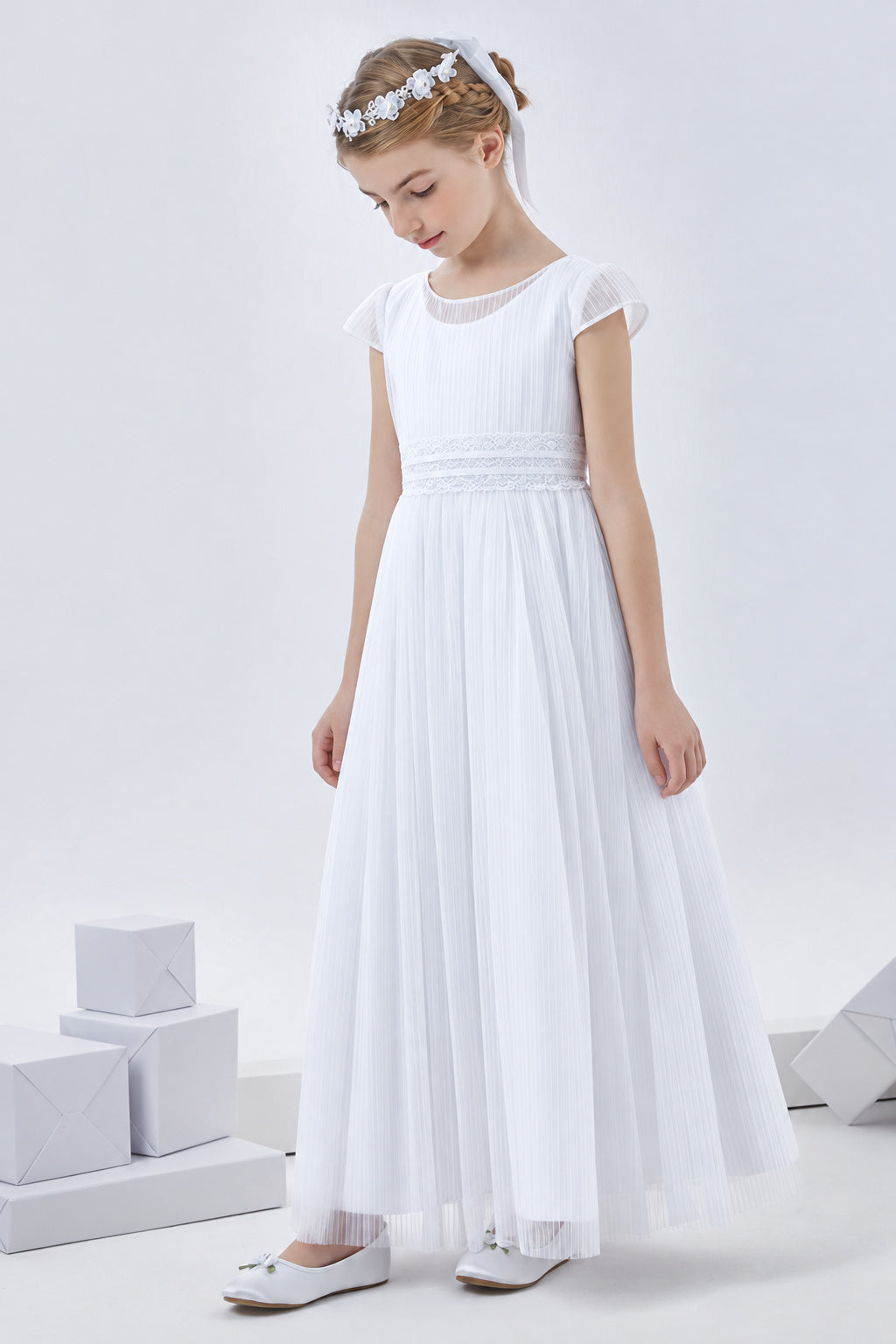 Simple Short Sleeve Pleated Long Tulle First Communion Dress