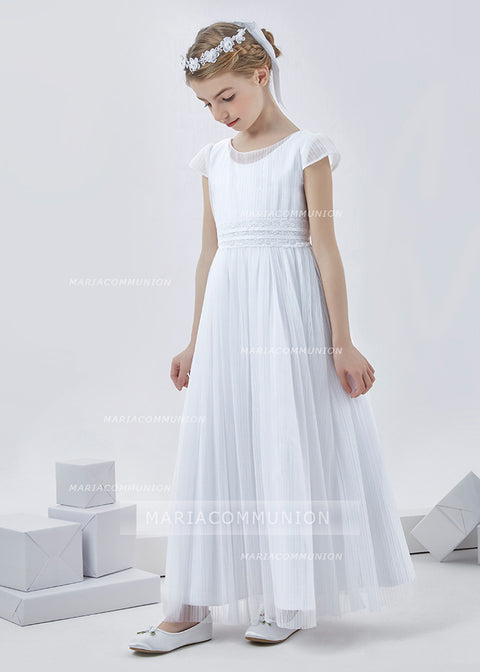 Simple Short Sleeve Pleated Long Tulle First Communion Dress