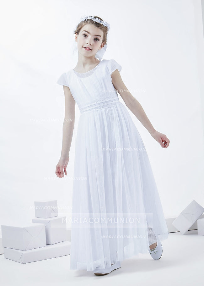 Simple Short Sleeve Pleated Long Tulle First Communion Dress