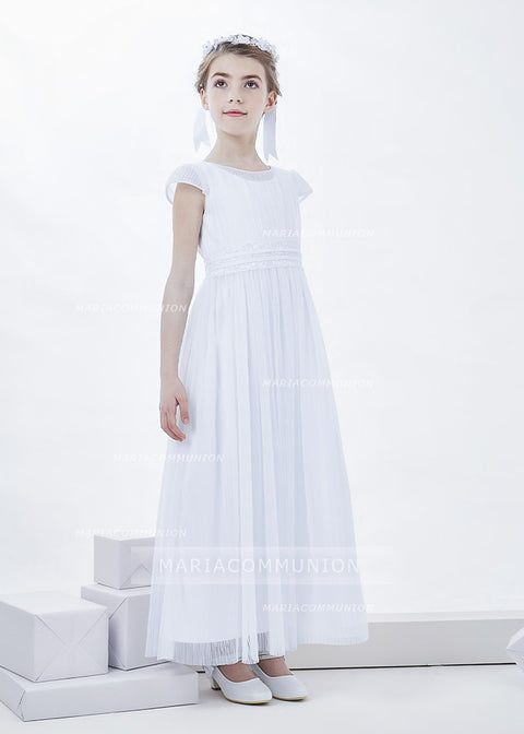 Simple Short Sleeve Pleated Long Tulle First Communion Dress