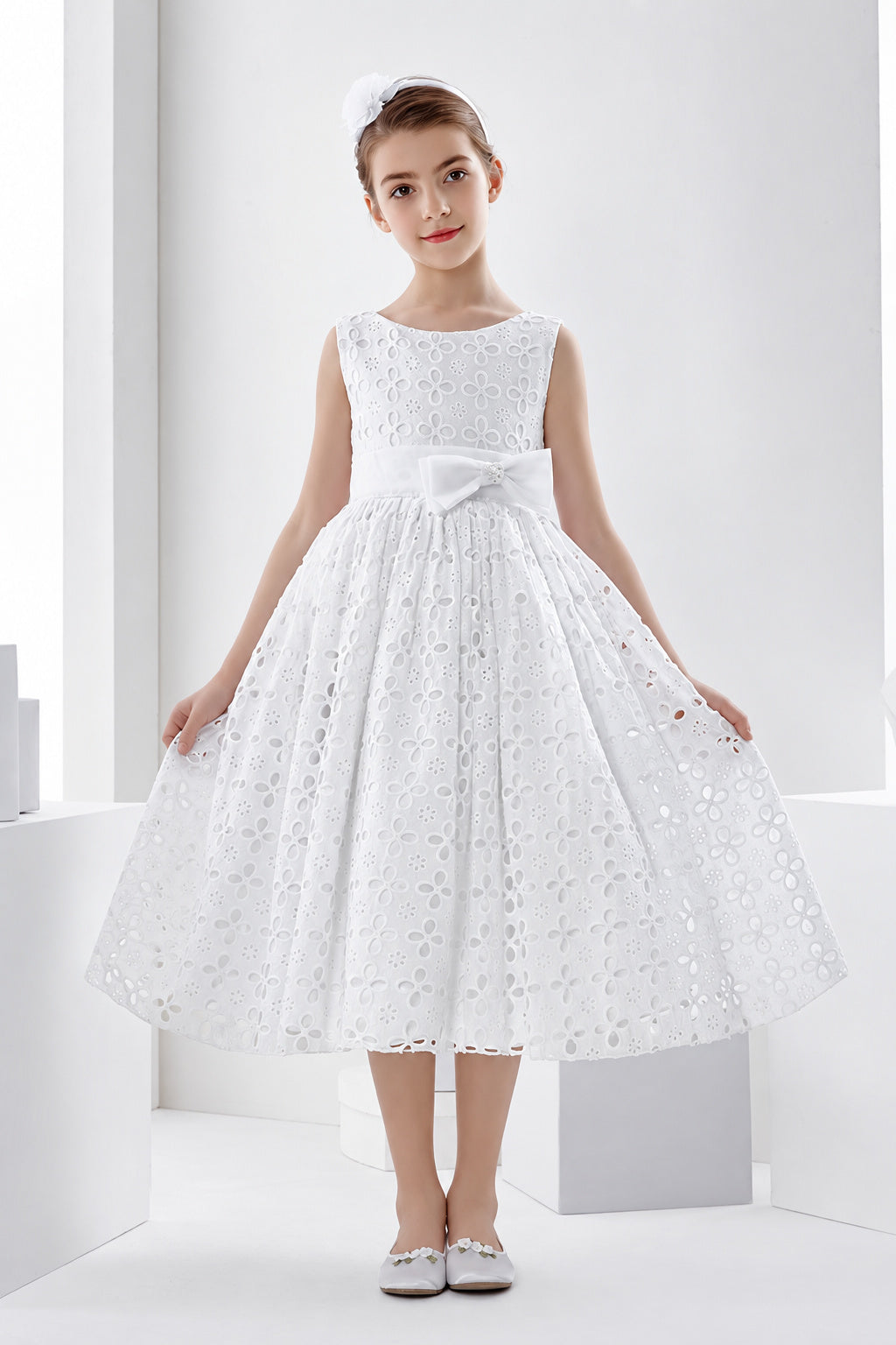 Sleeveless Bateau Neck Tea Length Lace First Communion Dress With Bow