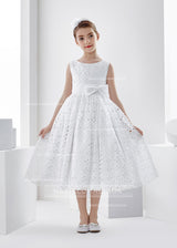 Sleeveless Bateau Neck Tea Length Lace First Communion Dress With Bow