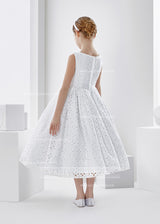 Sleeveless Bateau Neck Tea Length Lace First Communion Dress With Bow