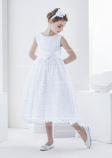 Sleeveless Bateau Neck Tea Length Lace First Communion Dress With Bow