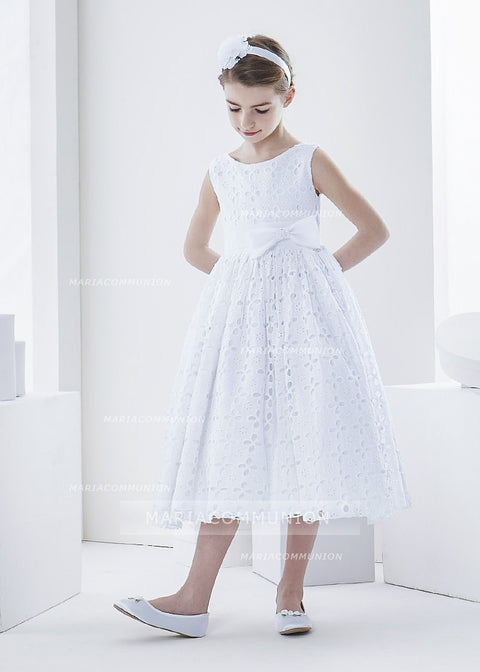 Sleeveless Bateau Neck Tea Length Lace First Communion Dress With Bow