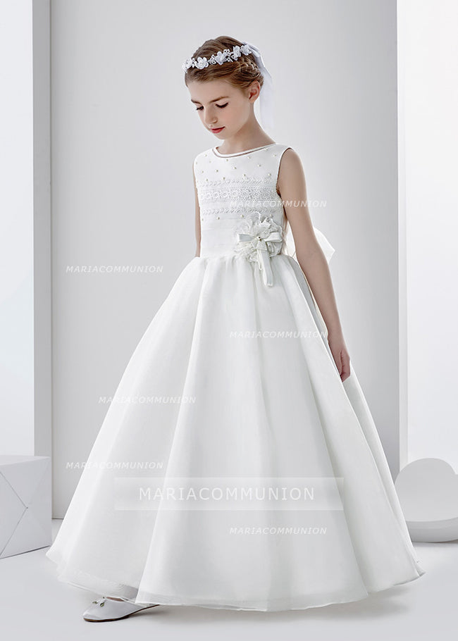 Sleeveless Jewel Neck Ball Gown Organza First Communion Dress With Lace And Beading