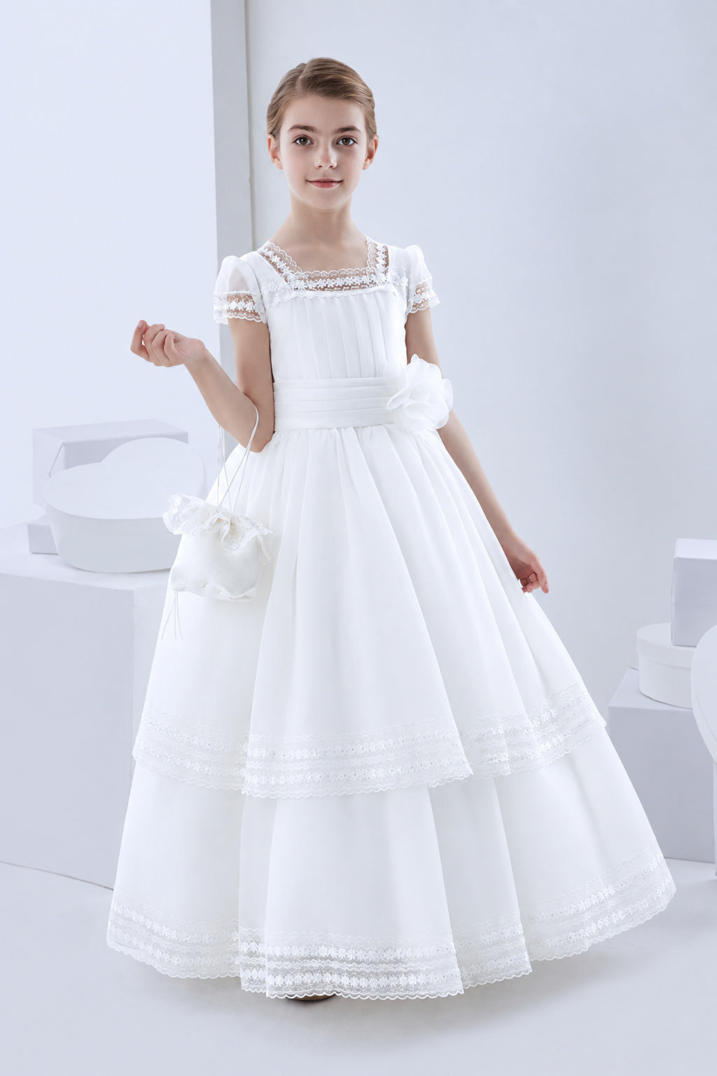 Square Neck Two Tiered Organza First Communion Dress With Flower At Waist