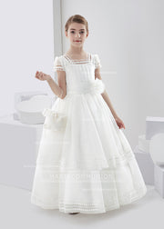 Square Neck Two Tiered Organza First Communion Dress With Flower At Waist