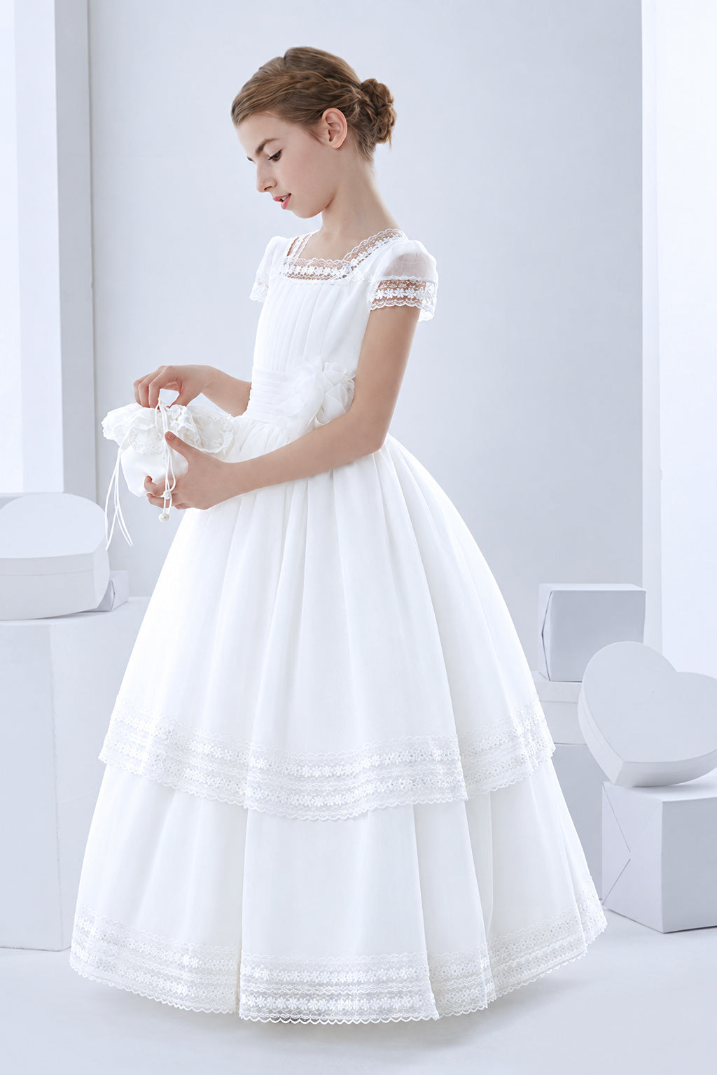 Square Neck Two Tiered Organza First Communion Dress With Flower At Waist