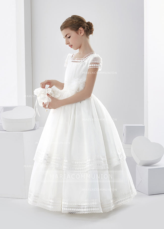 Square Neck Two Tiered Organza First Communion Dress With Flower At Waist