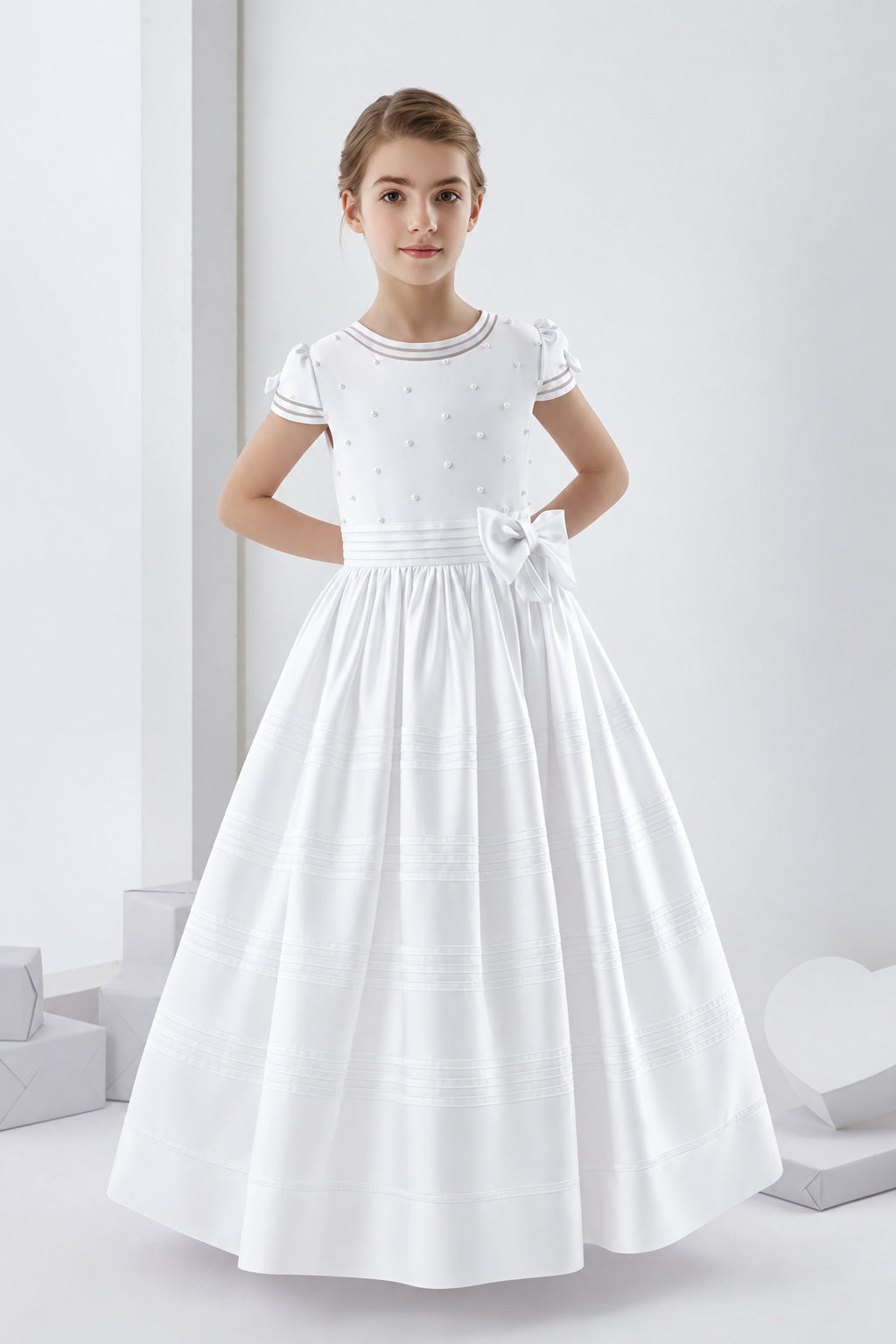 Short Sleeve Beaded Bodice Ball Gown Satin First Communion Dress with Flower