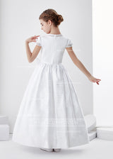 Short Sleeve Beaded Bodice Ball Gown Satin First Communion Dress with Flower