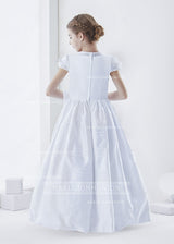 Short Sleeve Beaded Bodice Ball Gown Satin First Communion Dress with Flower