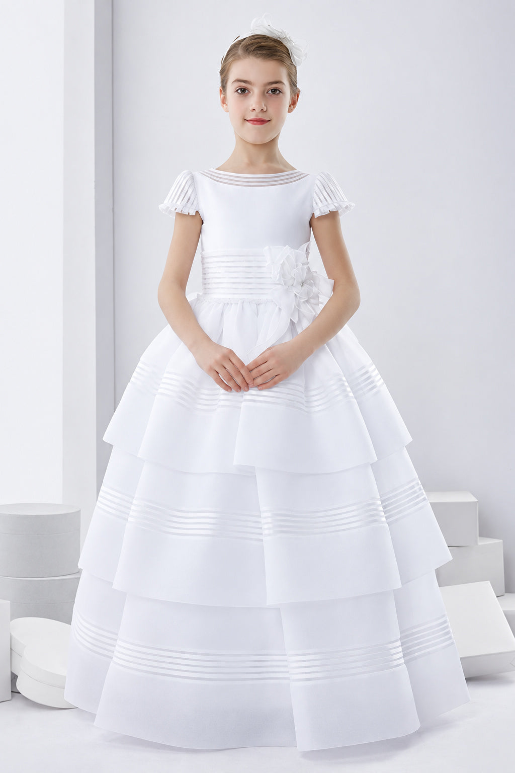 Short Sleeve Ball Gown Floor-length Three-Tiers Skirt Long Organza First Communion Dress with Bow