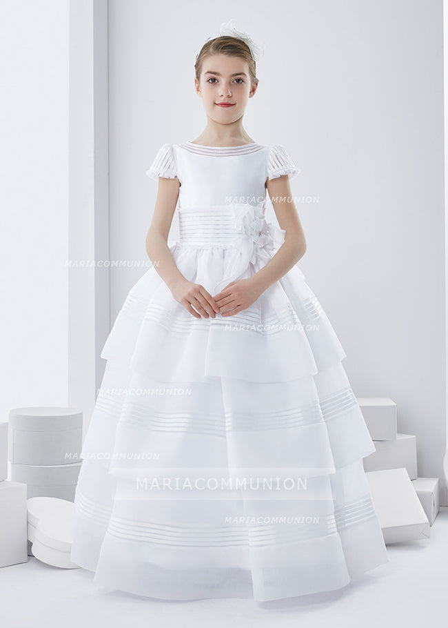 Short Sleeve Ball Gown Floor-length Three-Tiers Skirt Long Organza First Communion Dress with Bow