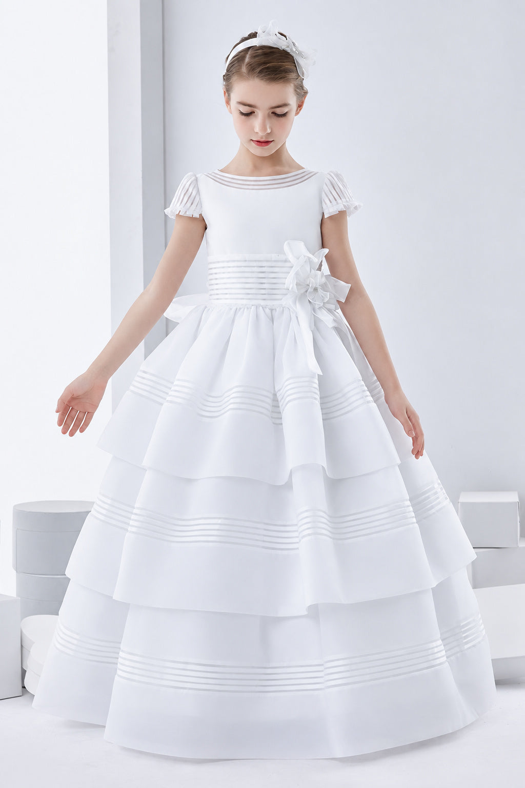 Short Sleeve Ball Gown Floor-length Three-Tiers Skirt Long Organza First Communion Dress with Bow