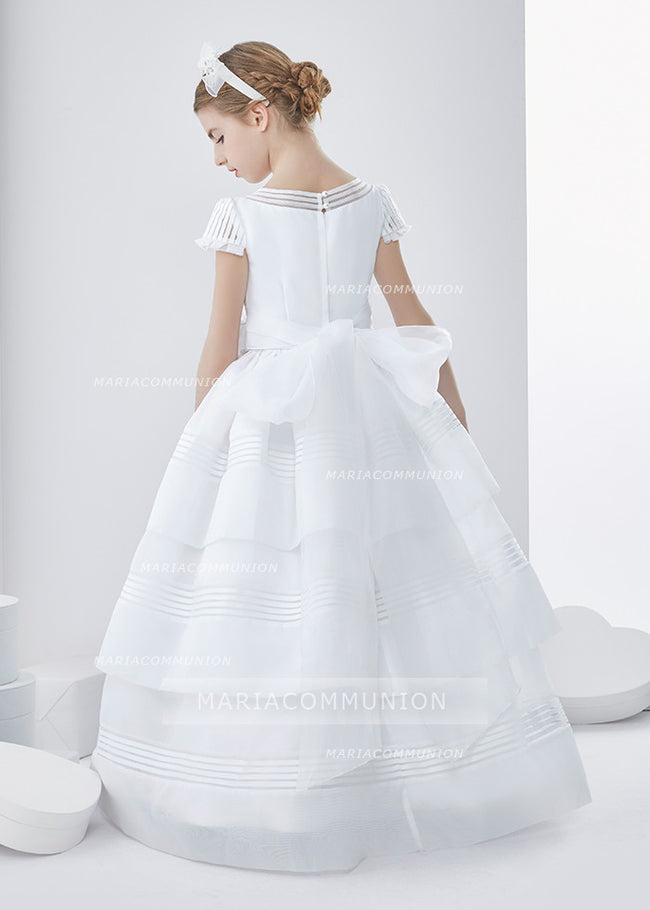 Short Sleeve Ball Gown Floor-length Three-Tiers Skirt Long Organza First Communion Dress with Bow