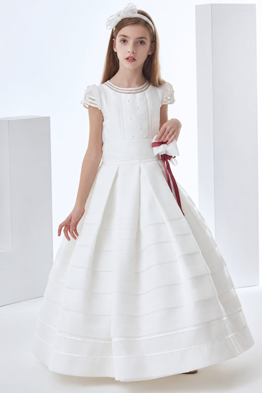 Nectarean Ball Gown Short Sleeve Bow(s) Floor-length Organza Communion Dresses