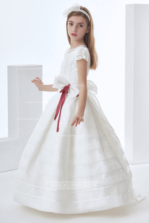 Nectarean Ball Gown Short Sleeve Bow(s) Floor-length Organza Communion Dresses