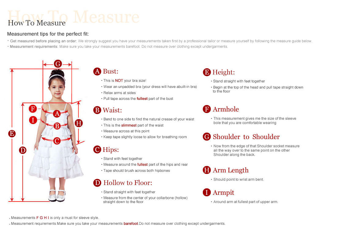 Model showing where to measure: A bust, B waist, C hips, D hollow to floor, E height, F armhole, G shoulder to shoulder, H arm length and I armpit.